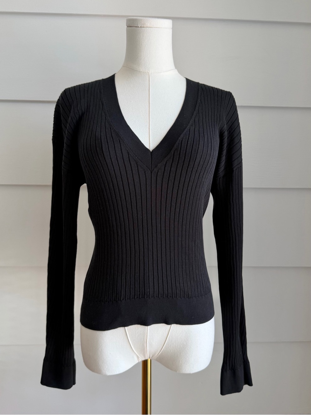 IRO Paris Black Cotton Silk Ribbed V-Neck Pullover Sweater size XS
